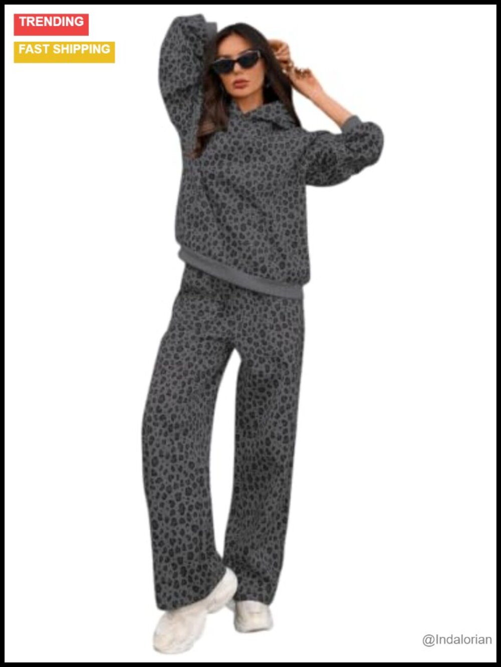 Womens Leopard 2 Piece Lounge Set Oversized Hoodies Straight Leg Sweatpants